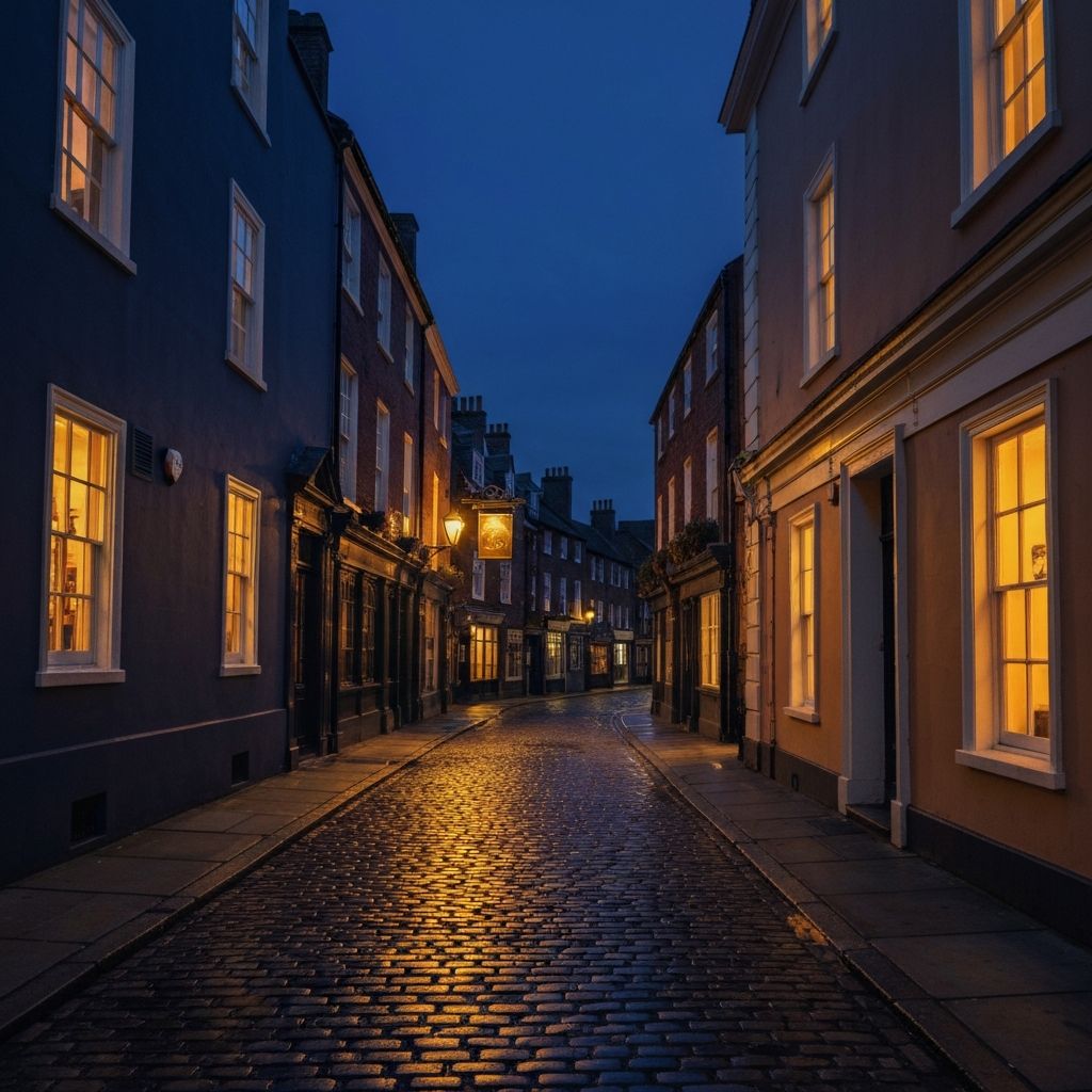 A quiet cobbled street in the centre of St Andrews at dusk