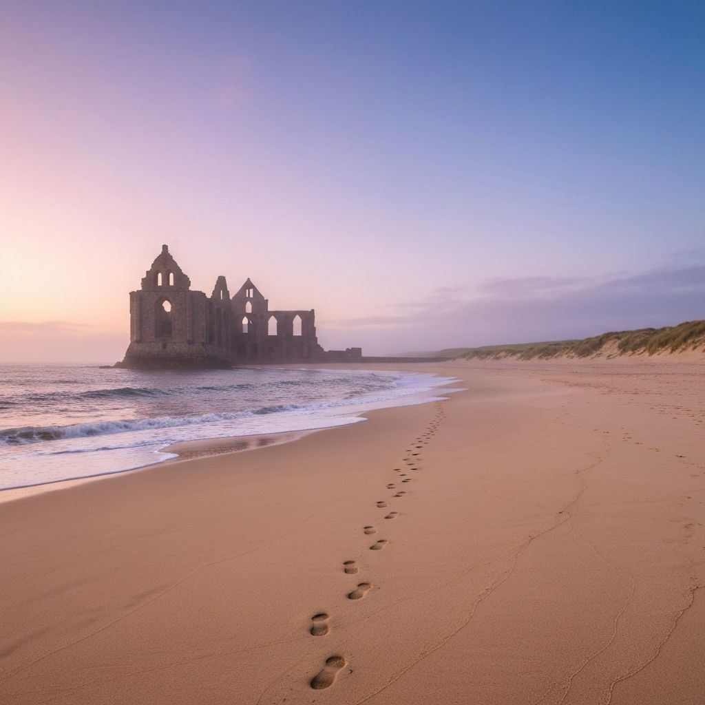 West Sands beach at sunrise with the St Andrews coastline behind