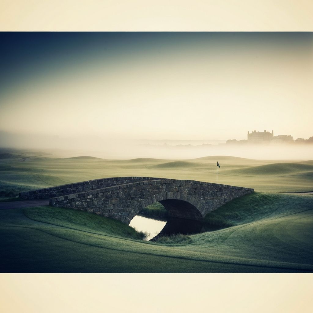 The Swilcan Bridge on the Old Course at dawn with mist on the fairway