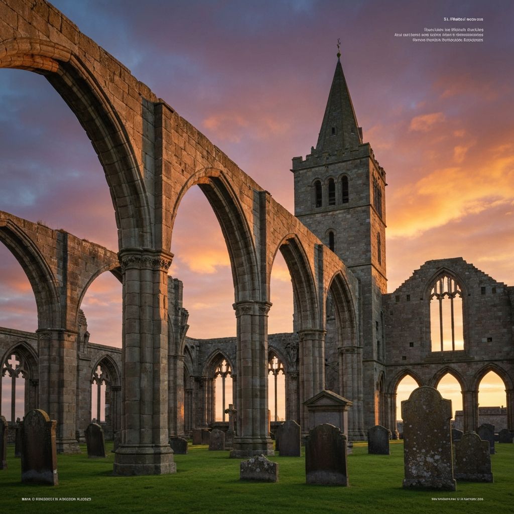 Ruined St Andrews Cathedral and St Rule's Tower at golden hour
