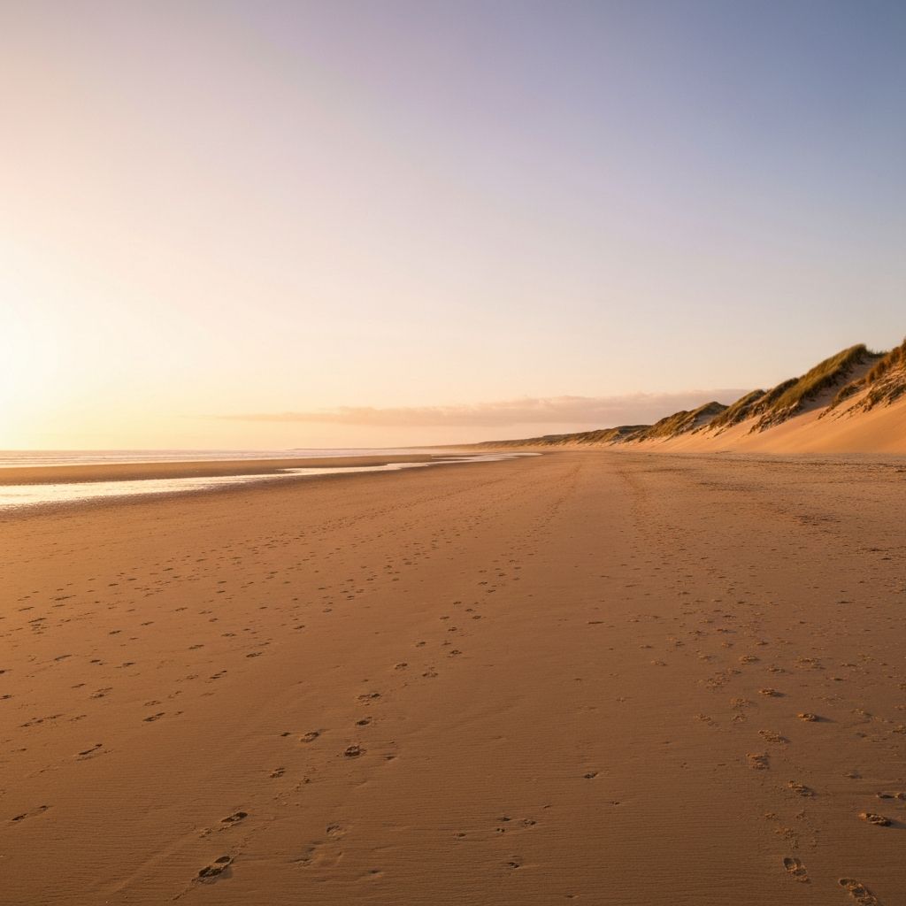 West Sands beach at low tide with golden sand stretching to the horizon
