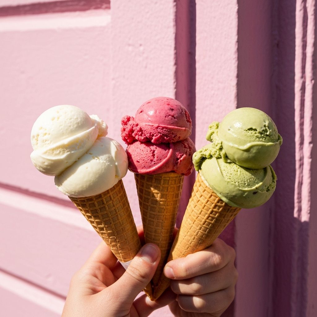 Three artisan ice cream cones — vanilla, raspberry, pistachio — held against a pastel pink wall