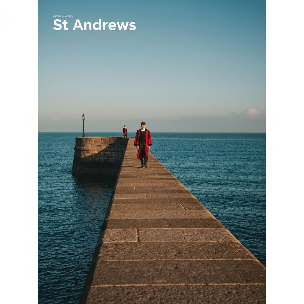 Stone harbour pier stretching into the North Sea with a figure in red robes silhouetted