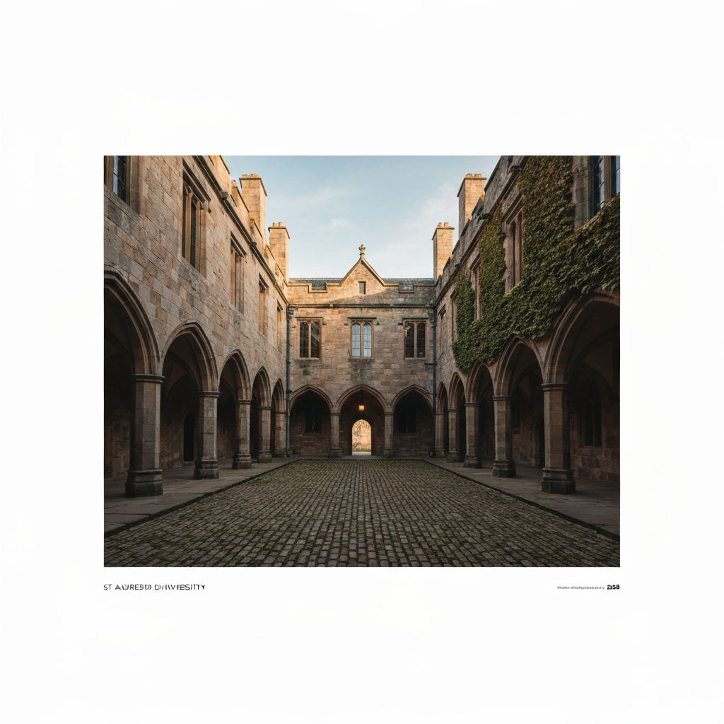 Historic stone arches and ivy-covered courtyard at St Andrews University