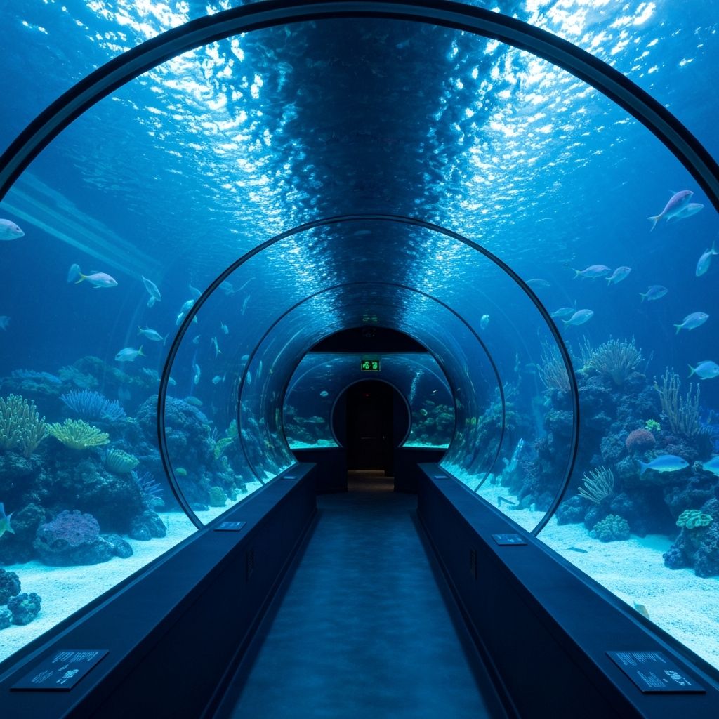 Underwater tunnel at St Andrews Aquarium with blue glowing tanks