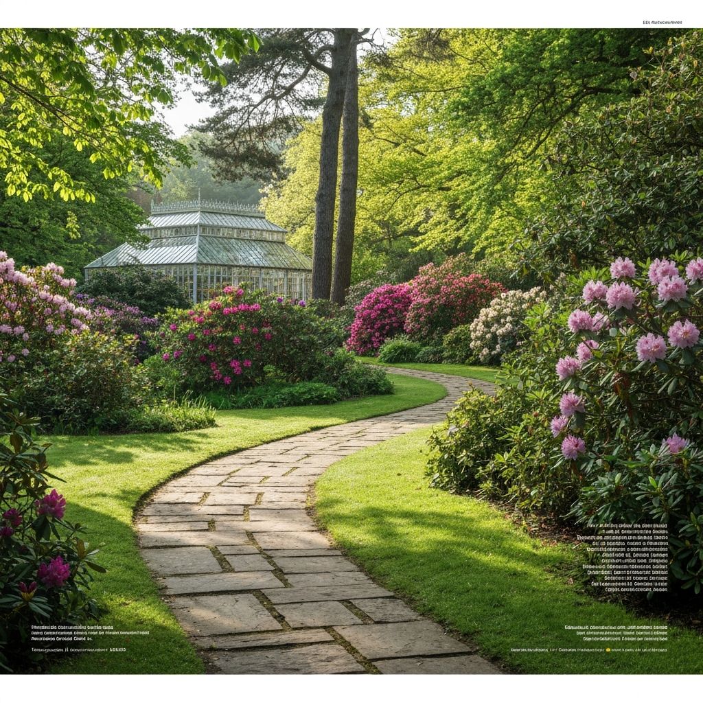 Stone path through lush greenery and flowering rhododendrons in the Botanic Garden