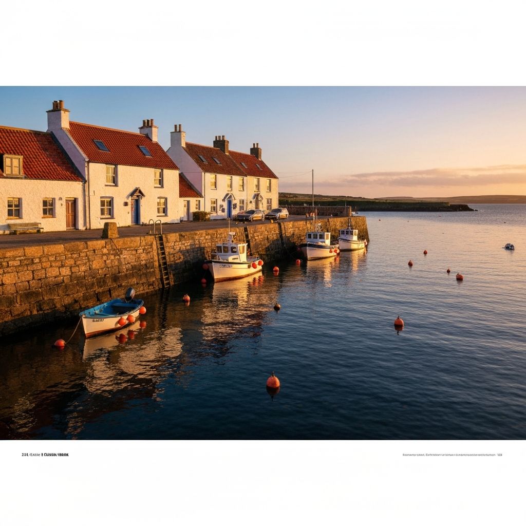Crail harbour at sunset with white cottages and red-roofed buildings