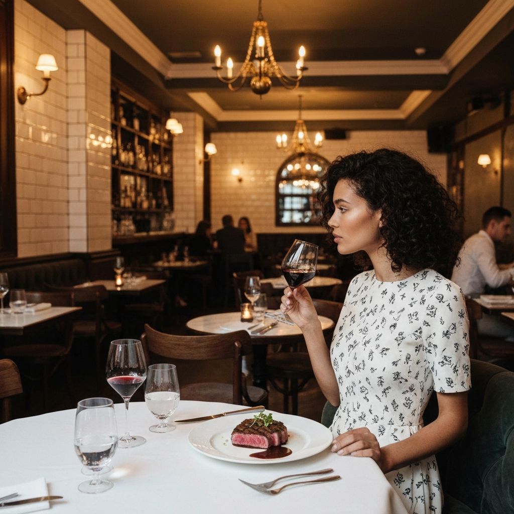 Modern brasserie interior with rare ribeye steak