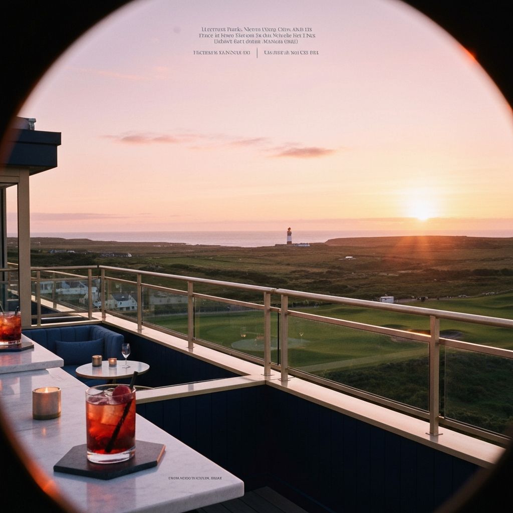 Rooftop bar above a links golf course at sunset