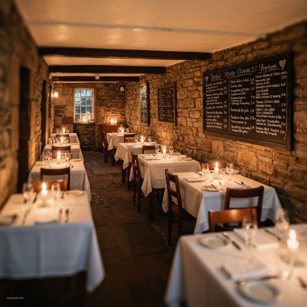 Candle-lit small bistro down a stone close