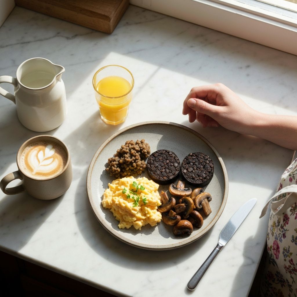Full Scottish breakfast and a flat white on a marble counter