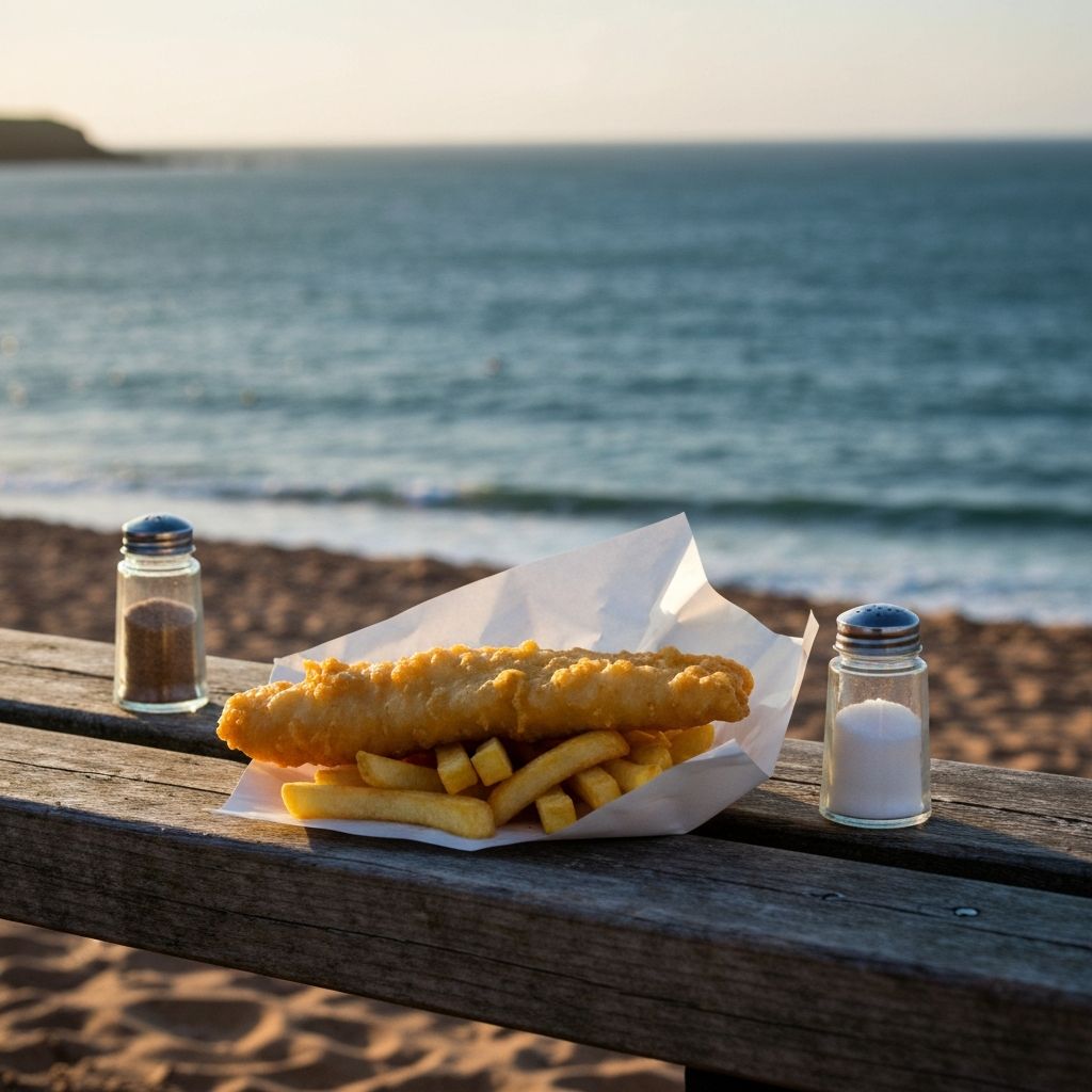 Fish and chips on a bench above the West Sands