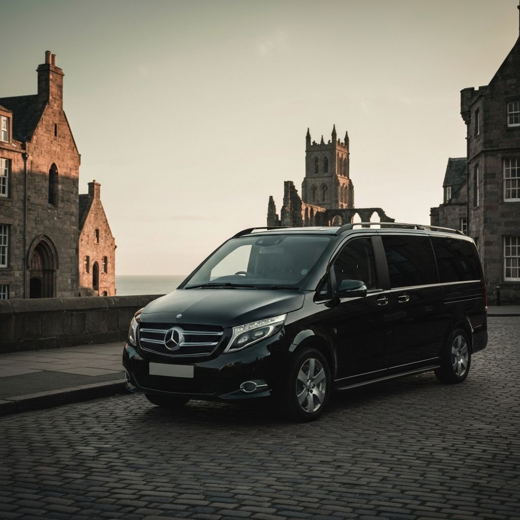 A premium black shuttle van on the cobblestone streets of St Andrews, Scotland at golden hour