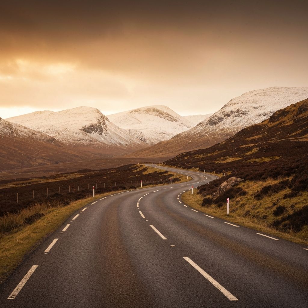 A road winding through the Scottish Highlands with snow-dusted peaks