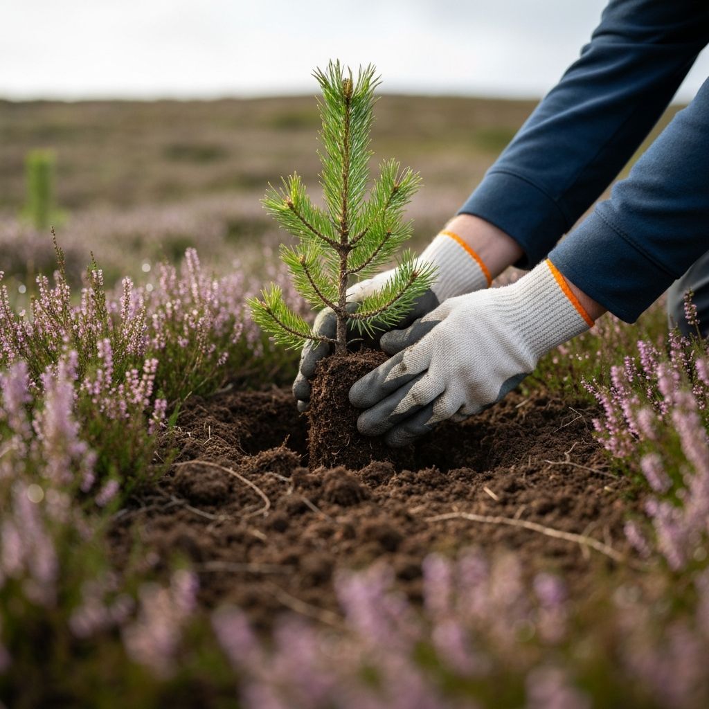 Hands placing a young Scots pine sapling into Highland soil