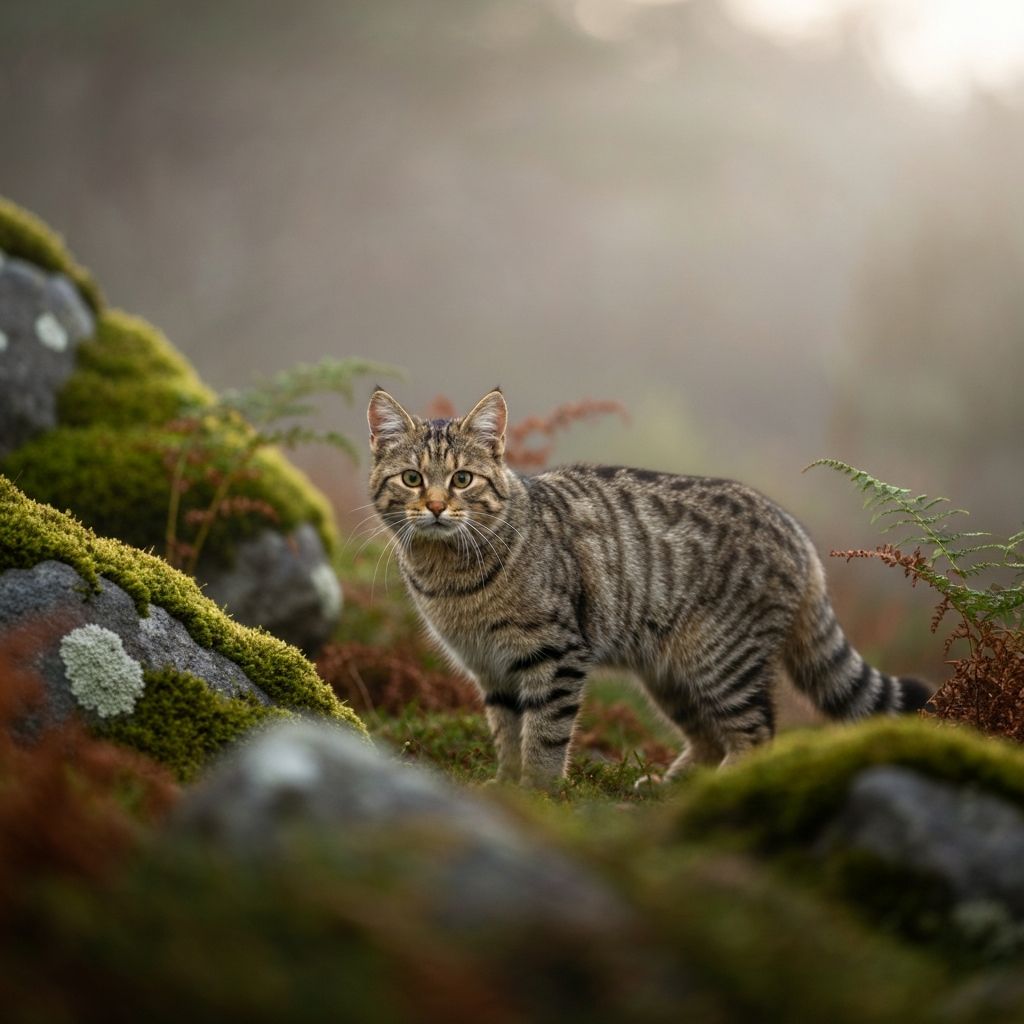 A Scottish wildcat in misty Caledonian forest