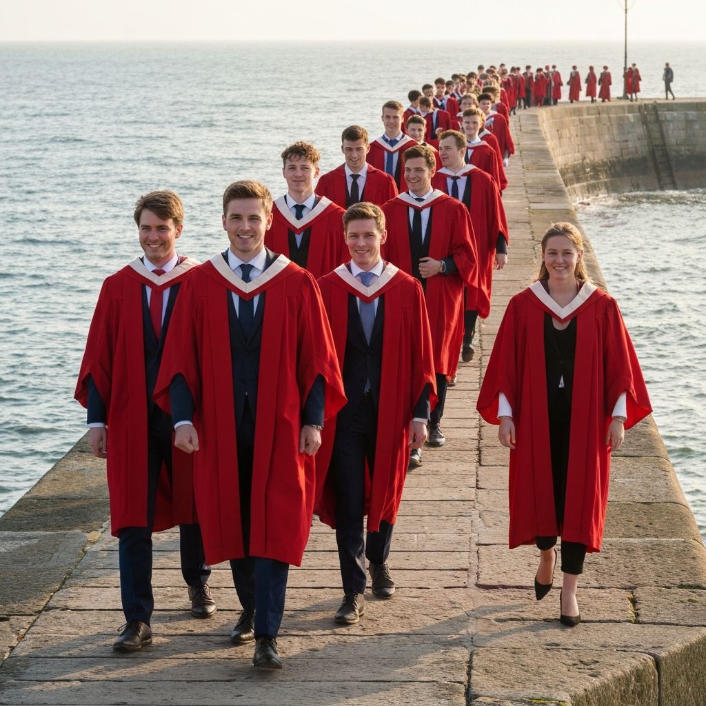 Students in red gowns processing along the St Andrews pier