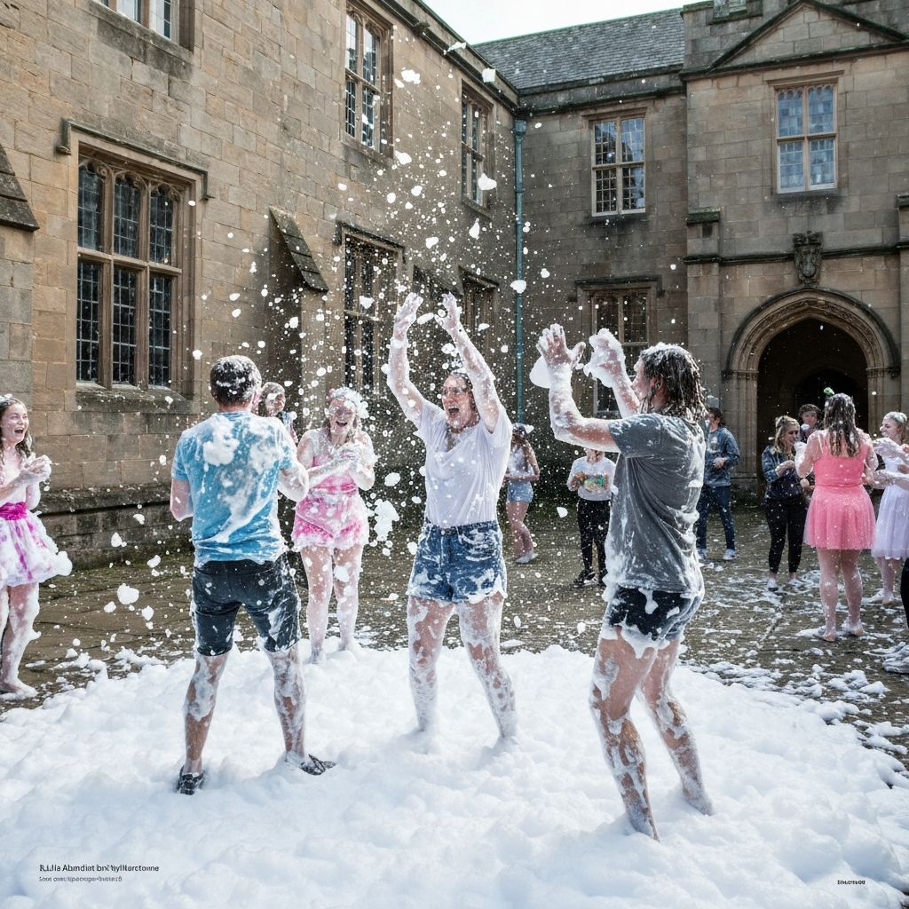 Foam-covered students celebrate Raisin Monday in St Salvator's Quad